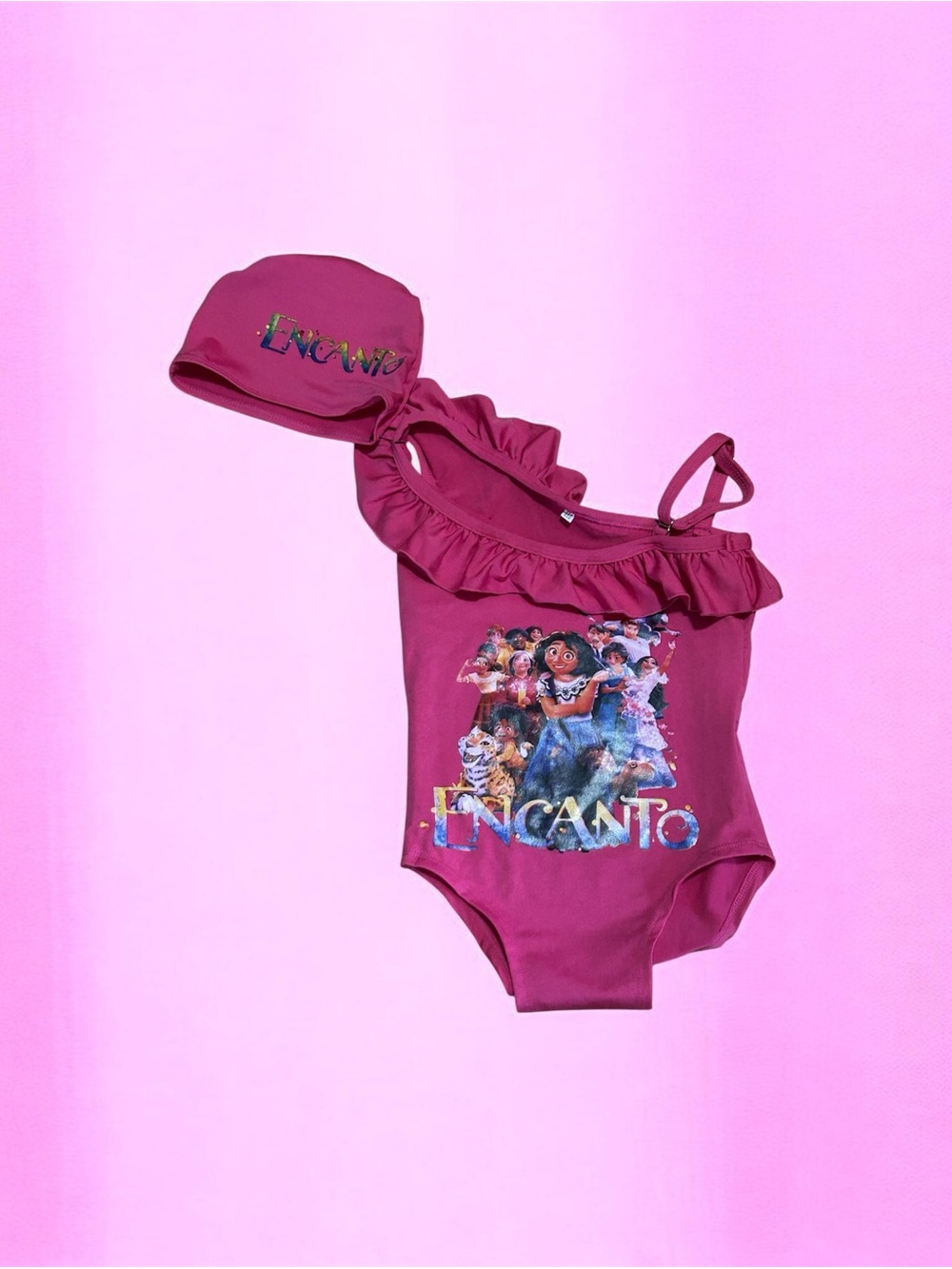Encanto One-Shoulder Ruffle Pink Kids' Swimsuit with Swim Cap Size 110 (4T) NWOT